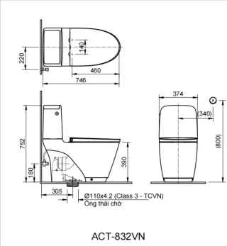 Ảnh 3 của Bồn cầu 2 khối xả cảm ứng ACT-832VN